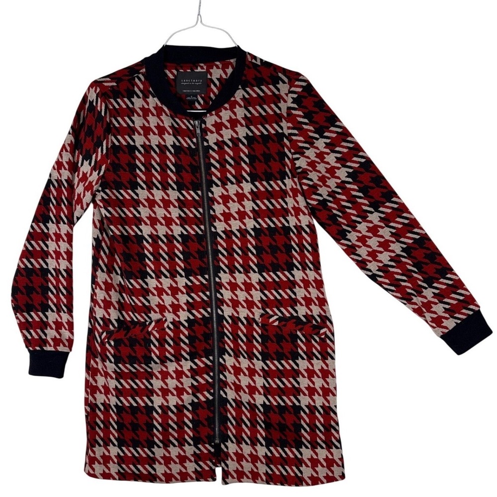 Sanctuary Red Black Houndstooth Plaid Longline Full Zip Bomber Jacket Small